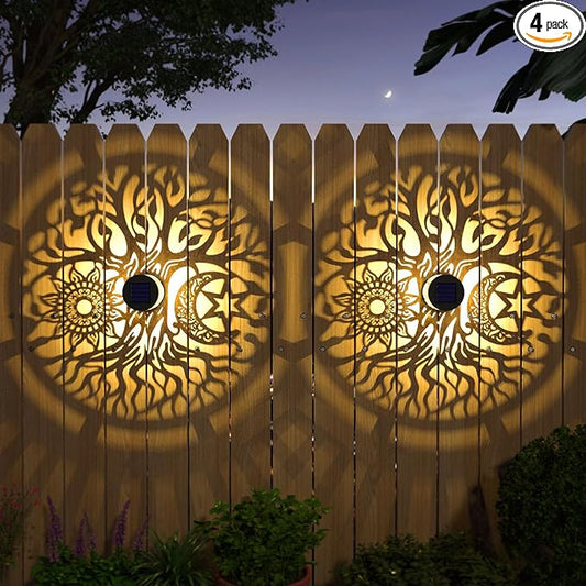 4 Pack Solar Fence Lights Metal Solar Powered Outdoor Wall Deck Step Lights Tree Theme Waterproof Fence Light for Garden Post Patio Backyard Yard Decor (Tree, 4 Pack)