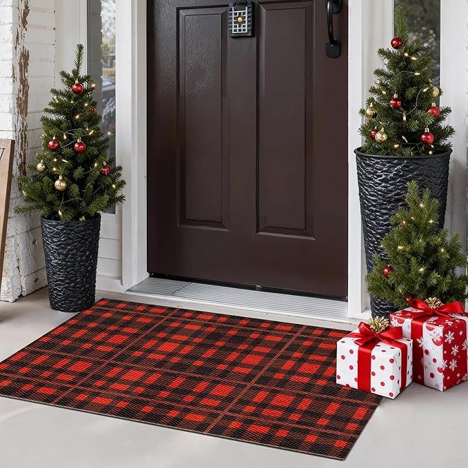 GENIMO Door Mat 18X30 Inch Buffalo Plaid Christmas Decor Rug Outdoor Geometric Checked Rugs, Washable Carpet for Front Porch, Kitchen, Farmhouse, Entryway Low Pile Doormat Black and Red