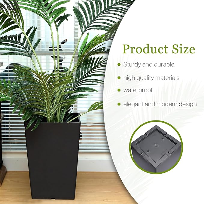 Set of 2 15.75 Inch Large Taper Planters Outdoor Indoor Tall Resin Flower Pots with Drainage Holes Modern for Front Door Patio Backyard Plants(Black)
