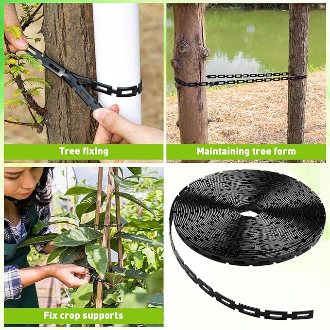 50 FT Chain Lock Tree Ties, Outdoor Plant Strap for Staking, 0.5Inch Wide Adjustability Garden Ties with Hook & Loop Fastening - Tree Stakes Support Straps for Leaning Tree Garden Accessories