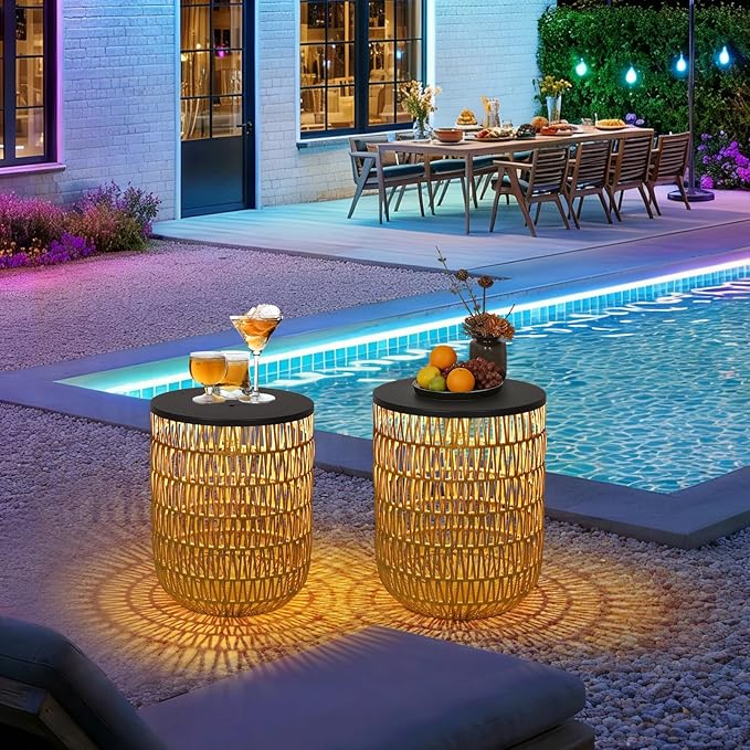 HMVPL Solar Outdoor Side Table Set of 2 with Dimmable Light, Round Patio Side Table for Outside, Outdoor End Accent Tables, Plastic Rattan Patio End Table for Poolside Backyard Gazebo, Dusk to Dawn