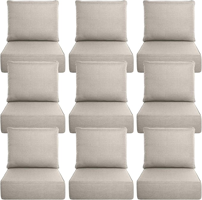 Belord Luxury 6" Thick Outdoor Cushion 9 Set - 22 x24 Inch 28D Sponge Filling Fade-Resistant Chair Cushion, Spill Proof Removable Patio Furniture Replacement Cushion for Sofa Bench Swing - Beige