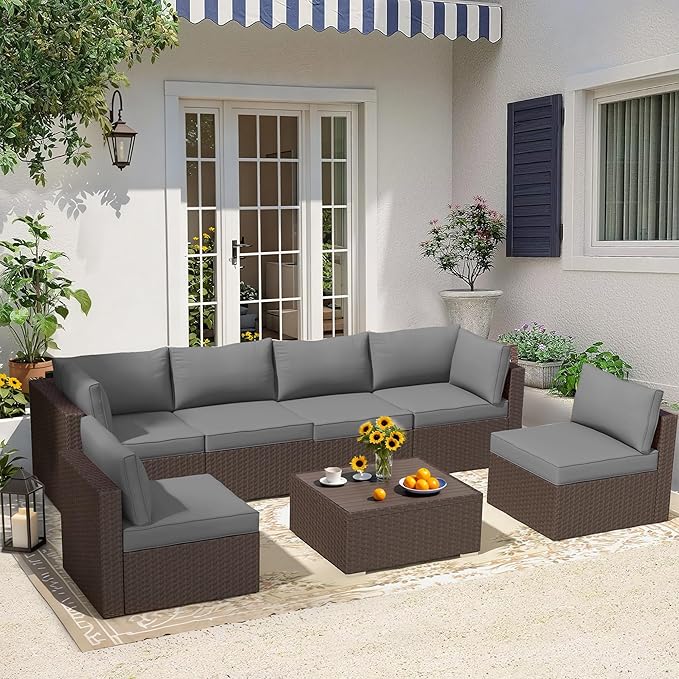 HOMREST Replacement Cushions for Outdoor Furniture, 25x25 Inch 14-Piece Patio Furniture Cushions, Waterproof Fade Resistant Non-Slip Cushion Set for 6-Seat Rattan Wicker Conversation Sets, Dark Gray