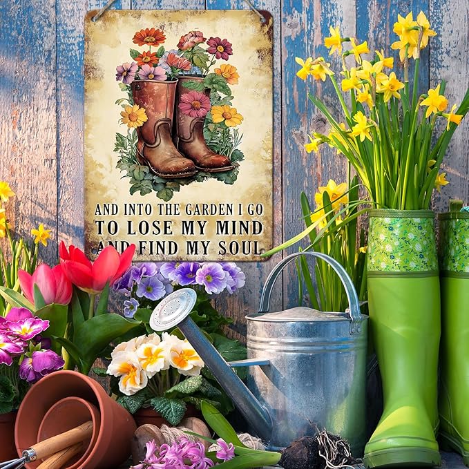 PEACHGARDEN Garden Retro Tin Sign And Into The Garden I Go To Lose My Mind And Find My Soul Metal Sign Outdoor Flowers Decor 12x16inch