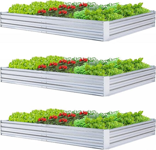 Galvanized Steel Garden Bed 3-Pack, 8x4x1ft Large Raised Planter Box for Vegetables, Outdoor Metal Garden Kit with Overlapping Side Panels, Strong & Stable