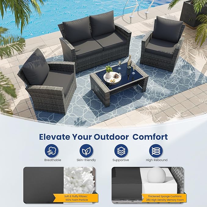 UDPATIO Outdoor Cushions for Patio Furniture, 4'' Replacement Cushions for Outdoor Furniture, Set of 4 Water-Resistant Outdoor Sectional Cushions for Sofa Couch Chair (Black)