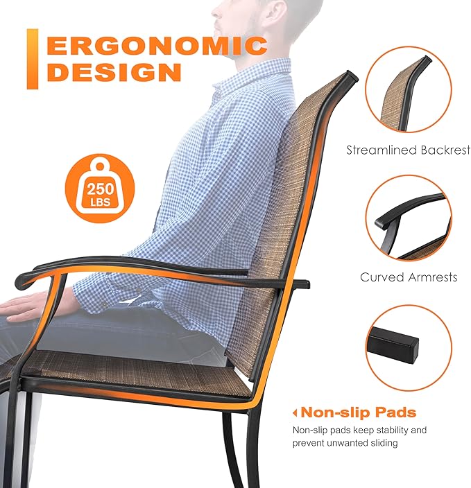 NUU GARDEN Patio Dining Chairs Set of 2, Outdoor Chairs with Armrest, Indoor/Outdoor Chairs Backyard Deck Garden Chair, Restaurant Kitchen Dining Textilene Chair,Brown