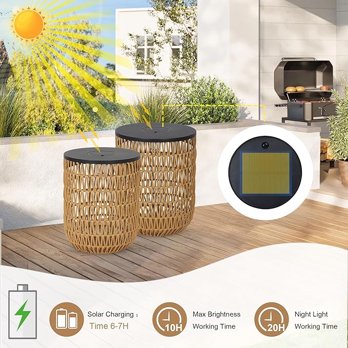 HMVPL Solar Outdoor Side Table Set of 2 with Dimmable Light, Round Patio Side Table for Outside, Outdoor End Accent Tables, Plastic Rattan Patio End Table for Poolside Backyard Gazebo, Dusk to Dawn