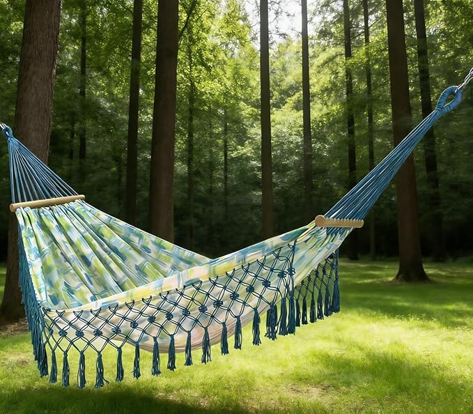 Boho Classic Hammock with Tassel,Max 500lbs Handmade,2 Person Hammock Hammock for Indoor & Outdoor, Lightweight Durable - for Patio, Porch, Backyard Lounging(Blue)