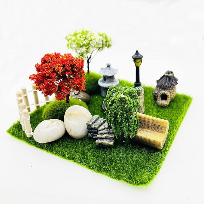 Cayway 26 PCS Outdoor Fairy Garden Miniatures Mini Zen Garden Accessories, Artificial Grass, Model Trees, Terrarium Ornaments, Dollhouse Supplies, Bonsai Decorative Craft Tools Kit
