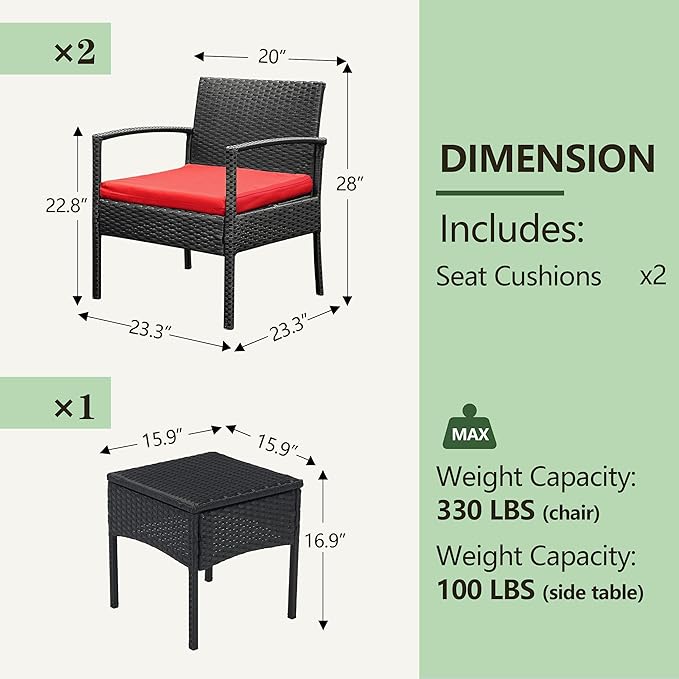 PROHIKER 3 PCS Patio Rattan Conversation Chairs Set, Outdoor Patio Furniture Balcony Furniture Set, Wicker Patio Bistro Set for Garden Porch Balcony Yard, Red