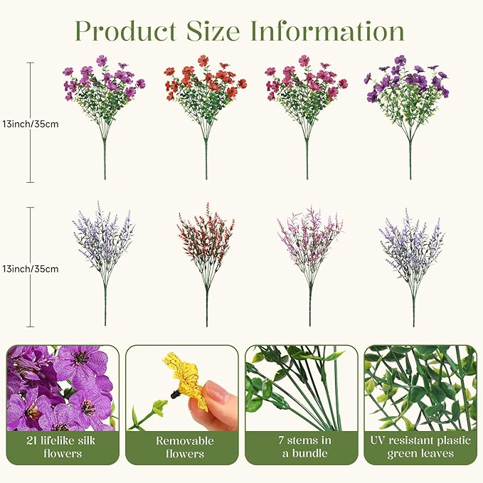 SHareconn 24 Bundles Artificial Flowers for Outdoors Decoration,Faux Plants Fake Silk Colorful Daisy Eucalyptus Lavender,UV Resistant for Outside Home Porch Indoor Spring Decor,RedRosyPurpleDeeppurple