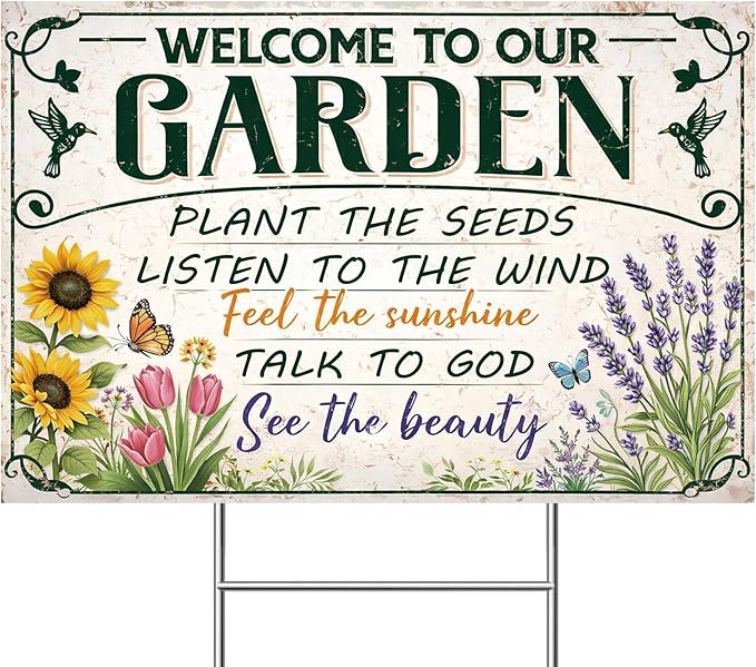 Funny Garden Sign with H Stake 18"x12" Big Vintage Sign for Outside Greenhouse Corrugated Plastic Yard Decor Gardening Gifts for Women " WELCOME TO OUR GARDEN"