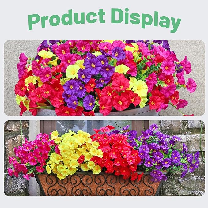 16PCS Artificial Fake Outdoor Flowers Plants, Faux Silk Realistic Morning Glory Floral Arrangement Planter UV Resistant for Porch Patio Window Box Balcony Garden Decor (Eucalyptus Grass 4 Colors)
