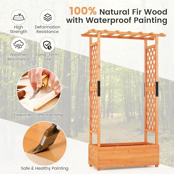 S AFSTAR 72 Inch Raised Garden Bed with Arch Trellis, Hanging Roof & Drainage Holes, 2 Pieces Vertical Plant Container for Vine Climbing Plant Flower, Outdoor Wood Elevated Planter Box for Garden