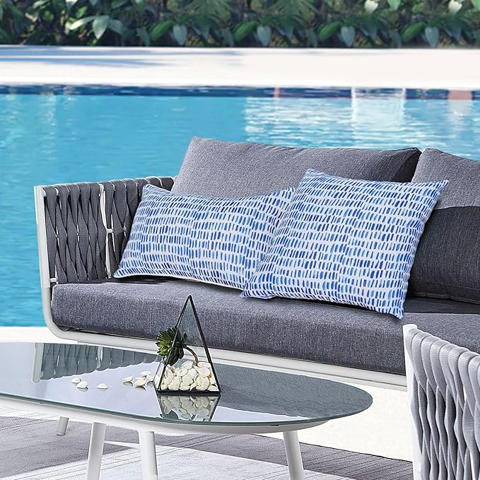 JMGBird Water-Resistant Outdoor Pillows Set of 2, 18x18 inch Durable White with Gradient Square Pattern Throw Pillows with Inserts for Patio Furniture