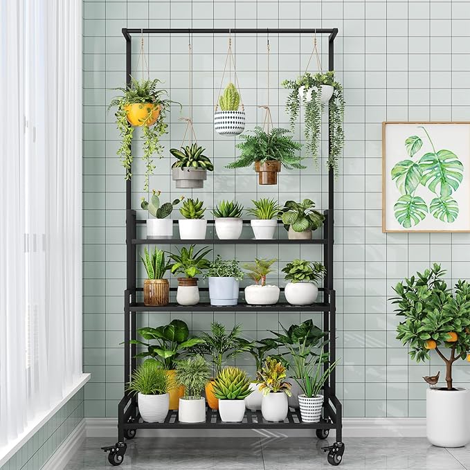 YIZAJIA Plant Stand Indoor 3 Tier Metal Outdoor Tiered Stands Shelf With wheel for Multiple Plants Potted Ladder Plant Holder Table Plant Pot Stand for Window Garden Balcony Living Room (3 Tier-Black with Hanger)