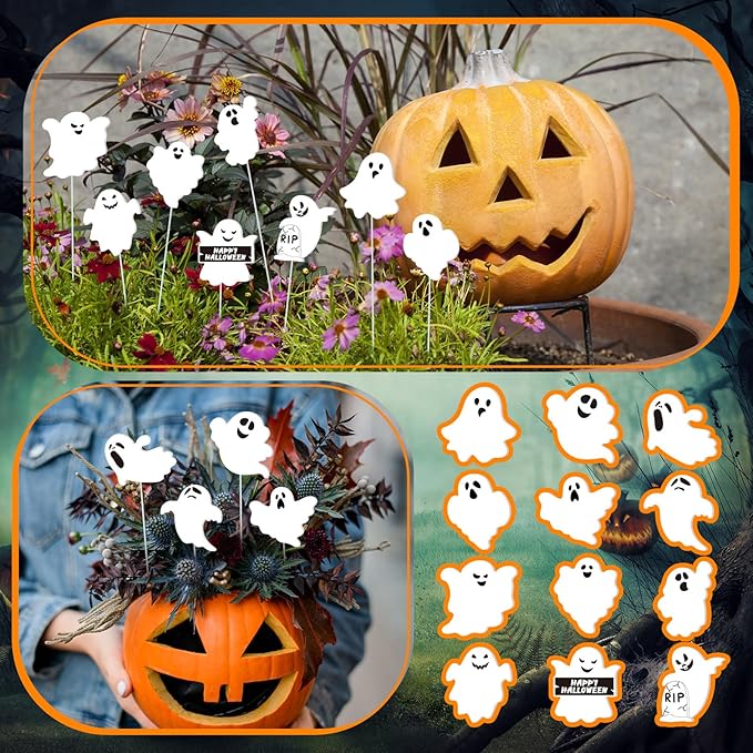 12 Pcs Halloween Ghost Garden Stakes Spooky Planter Stakes Double Sided Yard Signs Waterproof Cute Outdoor Decorations for Home Potted Planter Lawn Garden Yard Party Favor(Halloween Ghost)