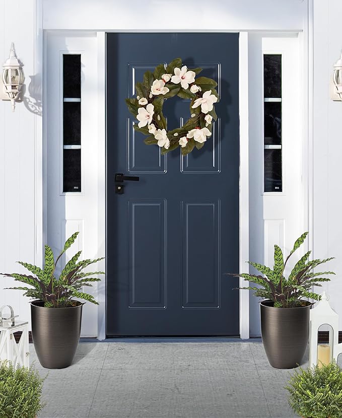 Glitzhome 16.75" H Tall Planters for Outdoor Plants,Tall Black Planter with Drainage Holes,Modern Resin and Stone Faux Brushed Steel Texture Large Planters,Garden Flower Pots for Porch Indoor,Set of 2