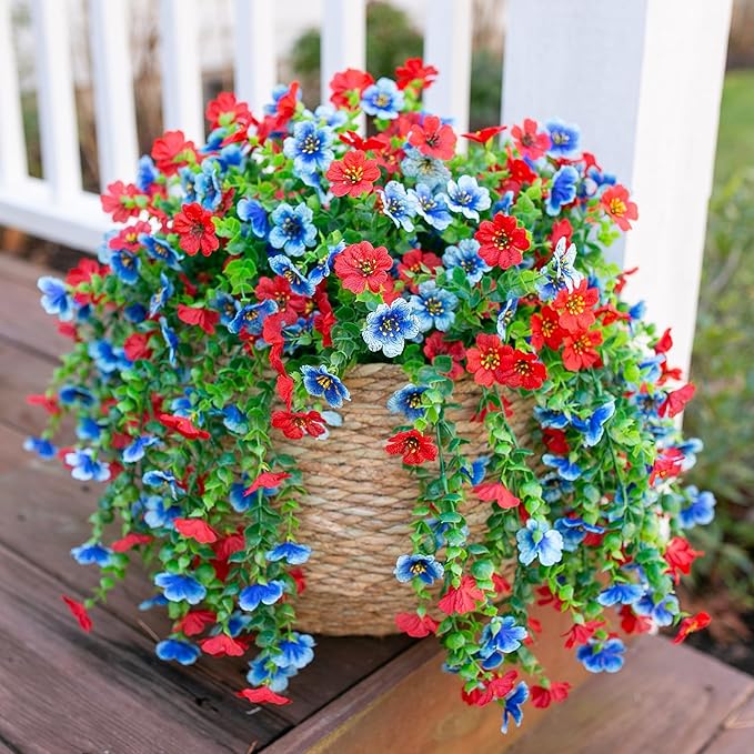 HyeFlora Faux Flowers for Outdoors Decoration, 2Pcs Artificial Fake Hanging Spring Summer Decor, Red and Blue Realistic Plants, UV & Fading Resistant Silk Flower for Porch Patio Balcony Planter Yard