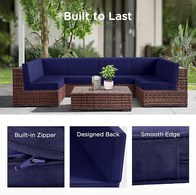 Codi 14-Piece Outdoor Cushions for Patio Furniture, 6 Seat (25.6'' x 25.6'') Waterproof Replacement Cushion Set - High-Density Foam, UV Resistant, Fits Wicker & Rattan Sectional Sofas - Navy