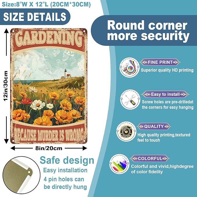 Vintage Gardening Metal Sign Gardening Because Murder is Wrong Metal Sign Gift for Friend Backyard Oasis Bar Outdoor Patio 8 x 12 Inch