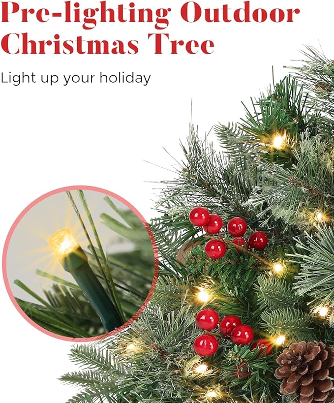 Outdoor Christmas Tree Frosted Urn Filler, Pre-lit Artificial Xmas Tree with LED Lights, 18 Inch Small Christmas Tree with Cones & Red Berries