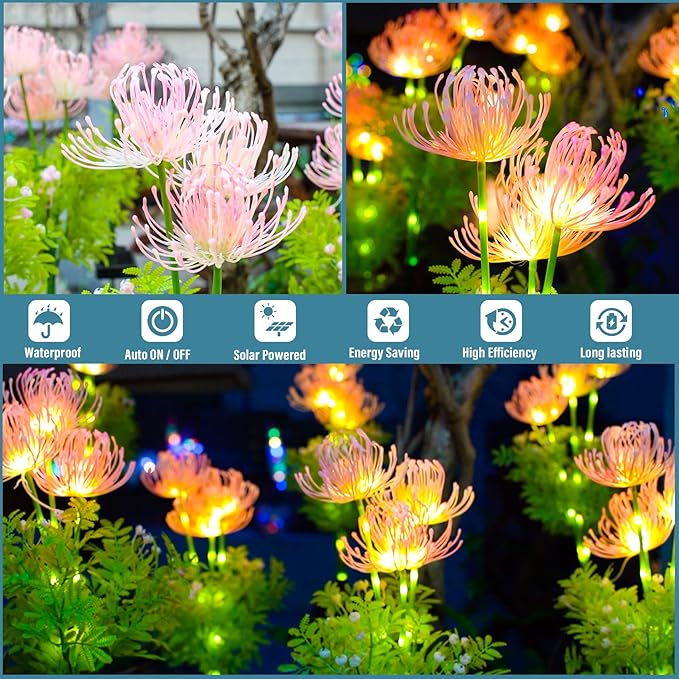Solar Garden Lights, Solar Flowers Lights with Glowing Flowers & Stems, Upgraded Solar Panel, Outdoor Lights for Garden Decoration,Yard Decor and Gift for Mother (4 Pack)