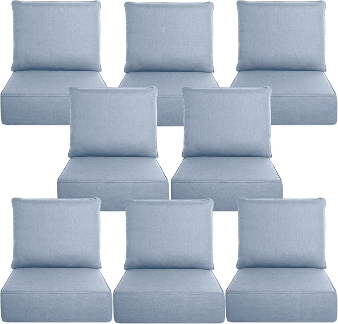 Belord Luxury 6" Thick Outdoor Cushion 8 Set - 24 x24 Inch 28D Sponge Filling Fade-Resistant Chair Cushion, Spill Proof Removable Patio Furniture Replacement Cushion for Sofa Bench Swing - Baby Blue
