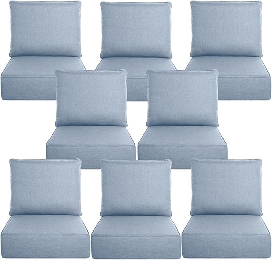 Belord Luxury 6" Thick Outdoor Cushion 8 Set - 24 x24 Inch 28D Sponge Filling Fade-Resistant Chair Cushion, Spill Proof Removable Patio Furniture Replacement Cushion for Sofa Bench Swing - Baby Blue