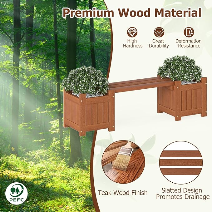 Giantex 2-in-1 Outdoor Bench with 2 Raised Garden Beds, Wood with Teak Oil Finish, Planter Boxes with Open-Ended Base, Garden Bench Seat for Porch Balcony Lawn Yard, DIY Assembly, 42"x11"x11.5"