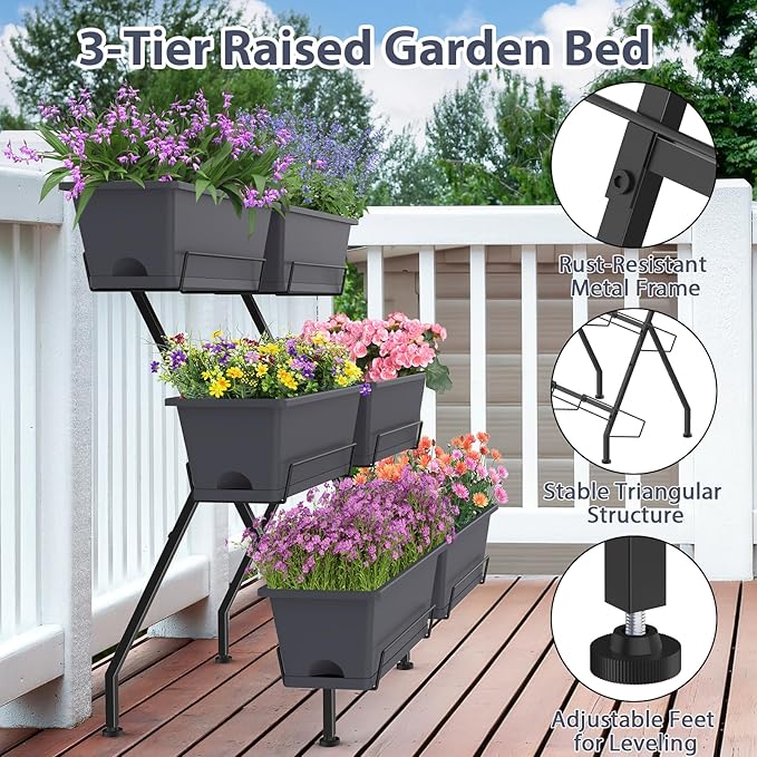 Sunexinlo 3-Tier Vertical Garden Planter with 6 Boxes, 31" Tall Raised Garden Bed with Adjustable Feet for Herbs, Flowers, Vegetables, Ideal for Indoor, Outdoor, Patio, Balcony, Deck Use, Gray