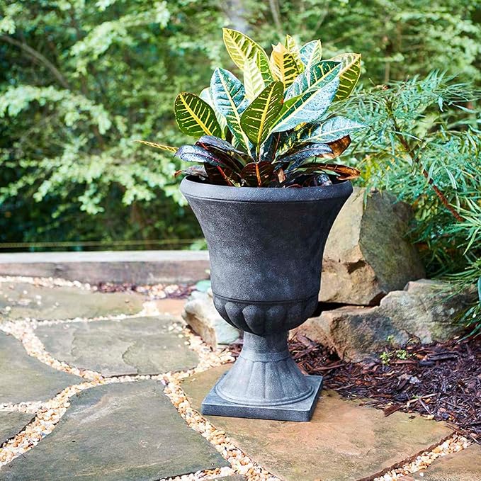 Southern Patio Winston 16 Inch x 21 Inch Urn Plastic Decorative Outdoor Planter Pot for Porch, Patio, or Garden with Removable Base, Matte Black