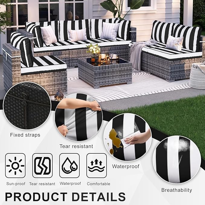 Patio Sectional Cushions, 14-Piece Replacement Cushions for Outdoor Furniture, Water-Resistant Outdoor Sofa Cushion for 6-Seat Rattan Wicker Sectional Conversation Sets (Black & White Stripes)