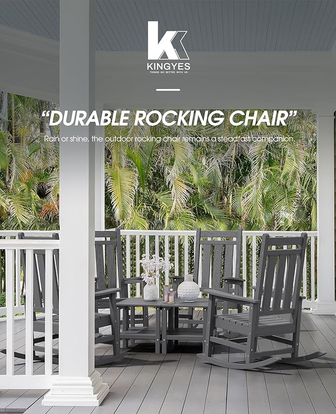 KINGYES Outdoor Rocking Chair Set of 4, All-Weather Patio Rocking Chairs for Porch, HDPE Rocking Outdoor Chairs with High Back for Adult, Heavy Duty Outdoor Patio Rockers for Garden, Lawn, Gray