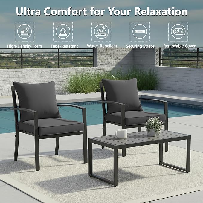 22x22 Inch Patio Chair Cushions Set of 2, Outdoor Furniture Cushions - Removable Cover, Water-Repellent, Fade-Resistant, Non-Slip Bottom & Straps, Replacement for Lawn, Porch & Deck Chair - Dark Grey