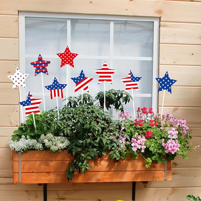 JarThenaAMCS 9Pcs Patriotic Star Metal Planter Stakes 4th of July Decorative Garden Stakes Star and Stripes Yard Sign for Planter Pot Walkway Lawn Independence Decor