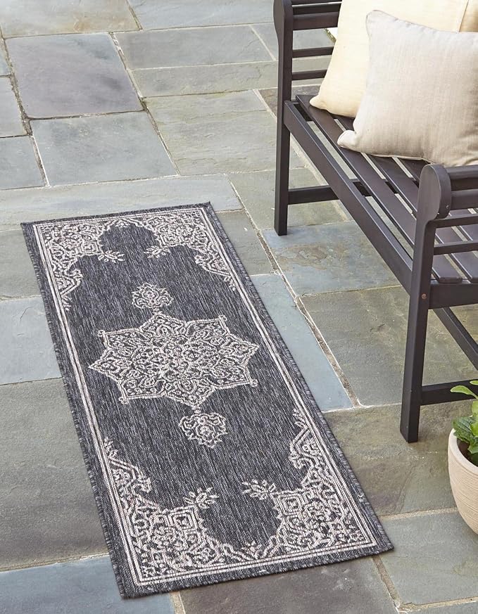 Unique Loom Outdoor Traditional Collection Area Rug - Antique (2' 7" x 10' Runner, Charcoal Gray/ Natural)