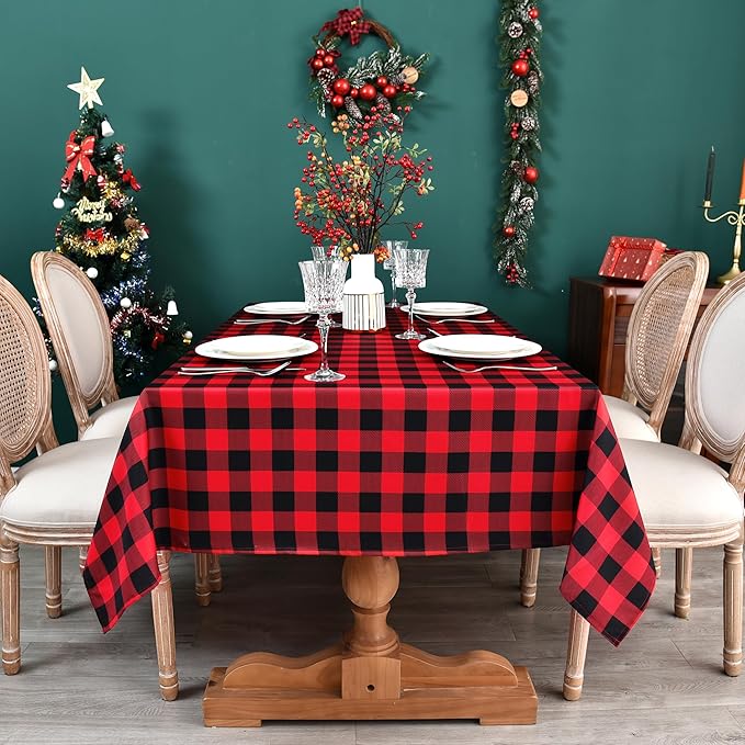 Waterproof Checkered Tablecloth Fabric - Rectangle 58x84 Inch Christmas Plaid Table Cloth for Indoor/Outdoor Use - Xmas Table Cover for Kitchen, BBQs, and Parties