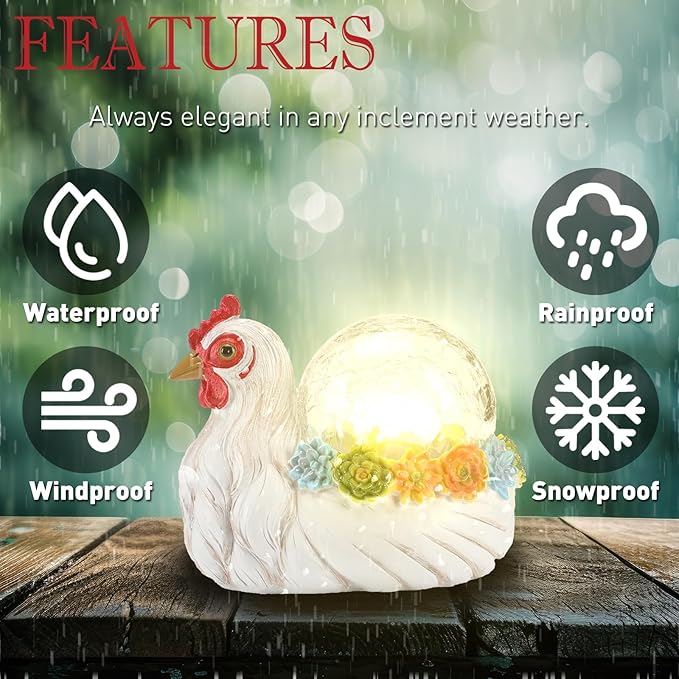 Solar Hen Garden Statue Lights for Outdoor Decor with Cracked Glass LED Ball Figurine Lighting Resin Succulent White Chicken Decorations for Patio Lawn Yard Valentine Gifts for Mom Wowen