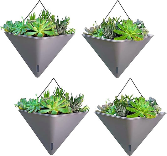 LaLaGreen Wall Planters for Indoor Plants - 4 Pack, 12 Inch Large Self Watering Gray Geometric Hanging Flower Vase Vessel with Metal Hanger, Modern Stylish Wall Mounted Succulent Pot Holder Decor