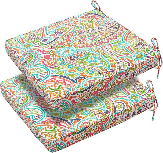 FUNHOME Water-Repellent Outdoor Wicker Chair Cushions for Patio Furniture, 18 x 18 x 2.5 Inch Outdoor Chair Pads with Ties, Square Corner Patio Chair Cushions 2 Packs, Colorful Paisley
