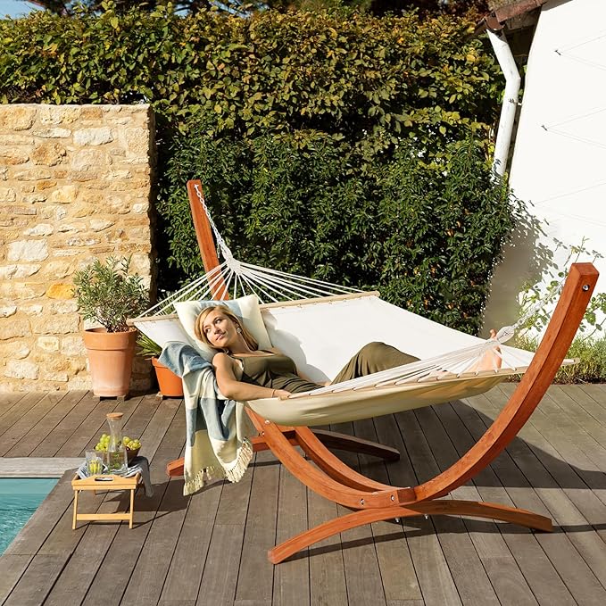 ECOTOUGE 14 FT Hammock with Stand for Outside, 2 Person Heavy Duty Wooden Hammock Stand, Large Hammock Bed for Porch, Patio, Balcony, Garden, Backyard, White-Yellow