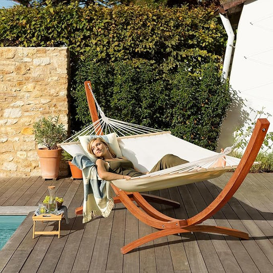 ECOTOUGE 14 FT Hammock with Stand for Outside, 2 Person Heavy Duty Wooden Hammock Stand, Large Hammock Bed for Porch, Patio, Balcony, Garden, Backyard, White-Yellow