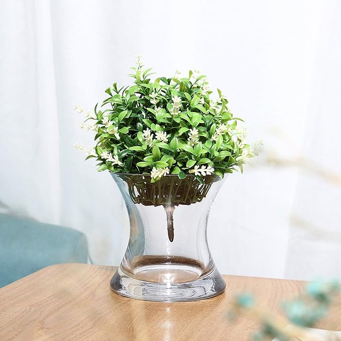 WGV Unique Bouquet Vase, 7" W, 7" H, Clear Short Hurricane Concaved Neiman Glass Floral Container, Home Wedding Event Decor, 1 Piece (VHV0707)