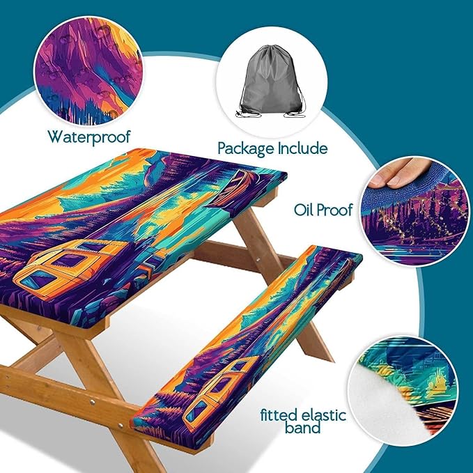 3PCS Picnic Table Cover with Bench Cover Forest Landscape Tent Boat Pattern Camping Tablecloth Fitted Picnic Table Cover with Elastic Windproof Waterproof, Outdoor & Garden Camping Accessories 96IN