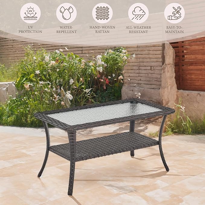 Patio Coffee Table Wicker Table Outdoor PE Rattan Glass Top Table with Storage Shelf Rectangle Patio Outdoor Coffee Table for Patio Garden Balcony Porch Deck Poolside, Brown