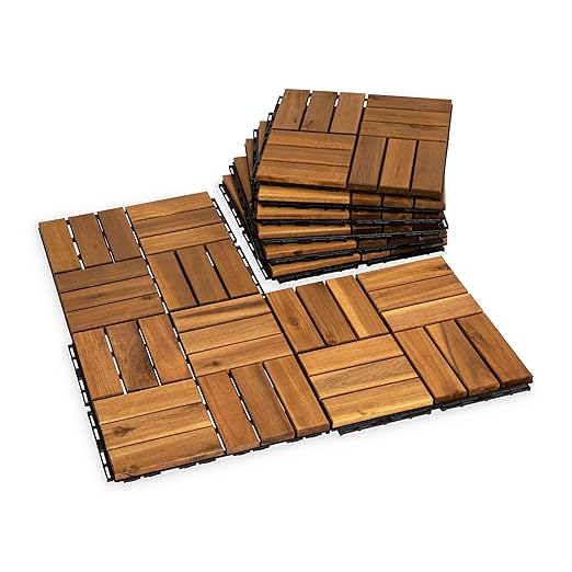 Interlocking Acacia Wood Deck Tiles, 9-Pack, 12 Slats, Waterproof Outdoor Flooring for Patio, Balcony, Garden – Natural Finish, 12.2" x 12.2" x 0.7"