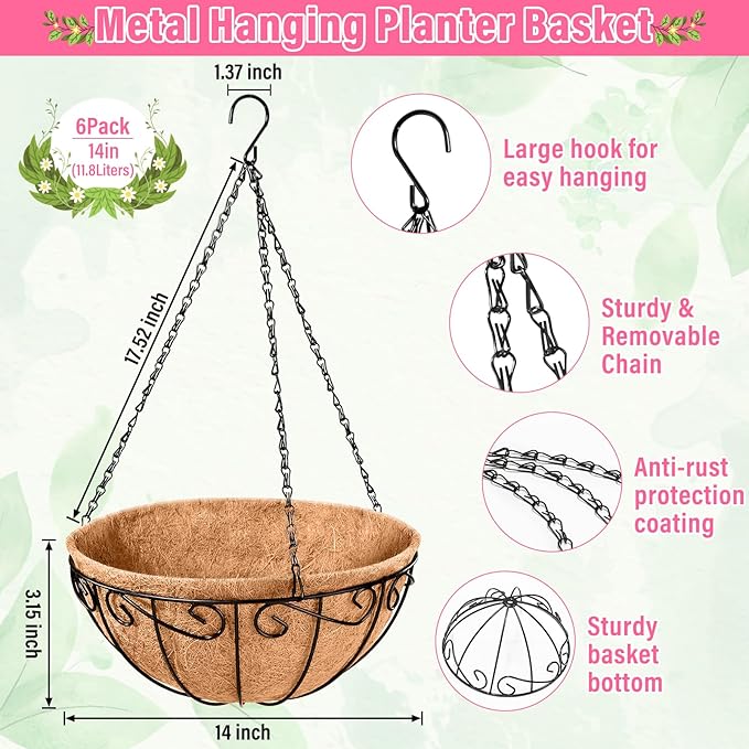 Legigo 6 Pack 14 Inch Metal Hanging Baskets for Plants Outdoor- Round Wire Hanging Planters Basket with Coconut Coir Liner, Hanging Flower Pot for Outdoor Plants Flowers Garden Decorations
