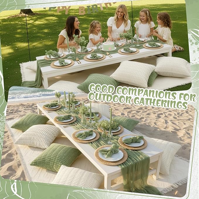 91 x 71 Extra Large Outdoor Boho Picnic Blanket with Sage Green Table Runner, 6 Throw Pillow Covers 6 Napkins Woven Cotton Yarn Oversize Beach Blanket Washable Picnic Camp Wedding